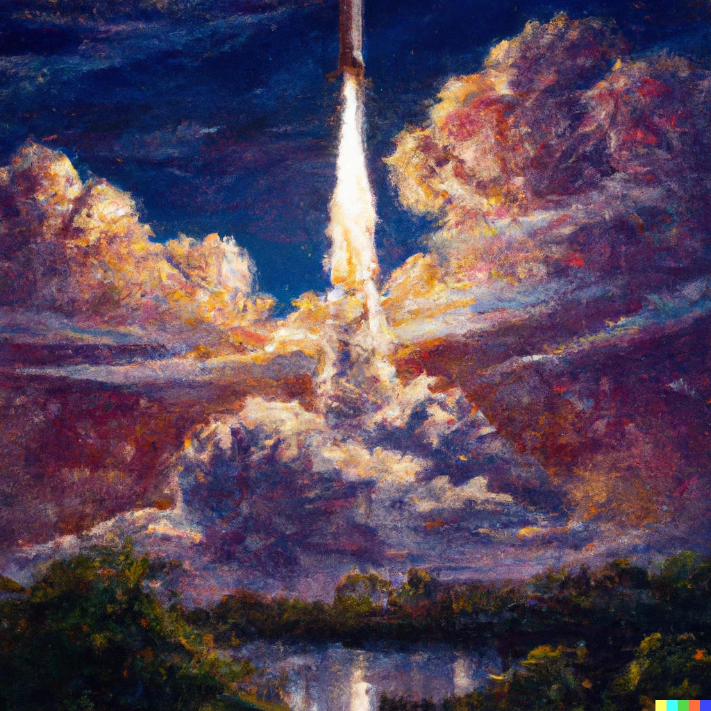 Prompt: A spacex rocket launch by Thomas Kinkade
