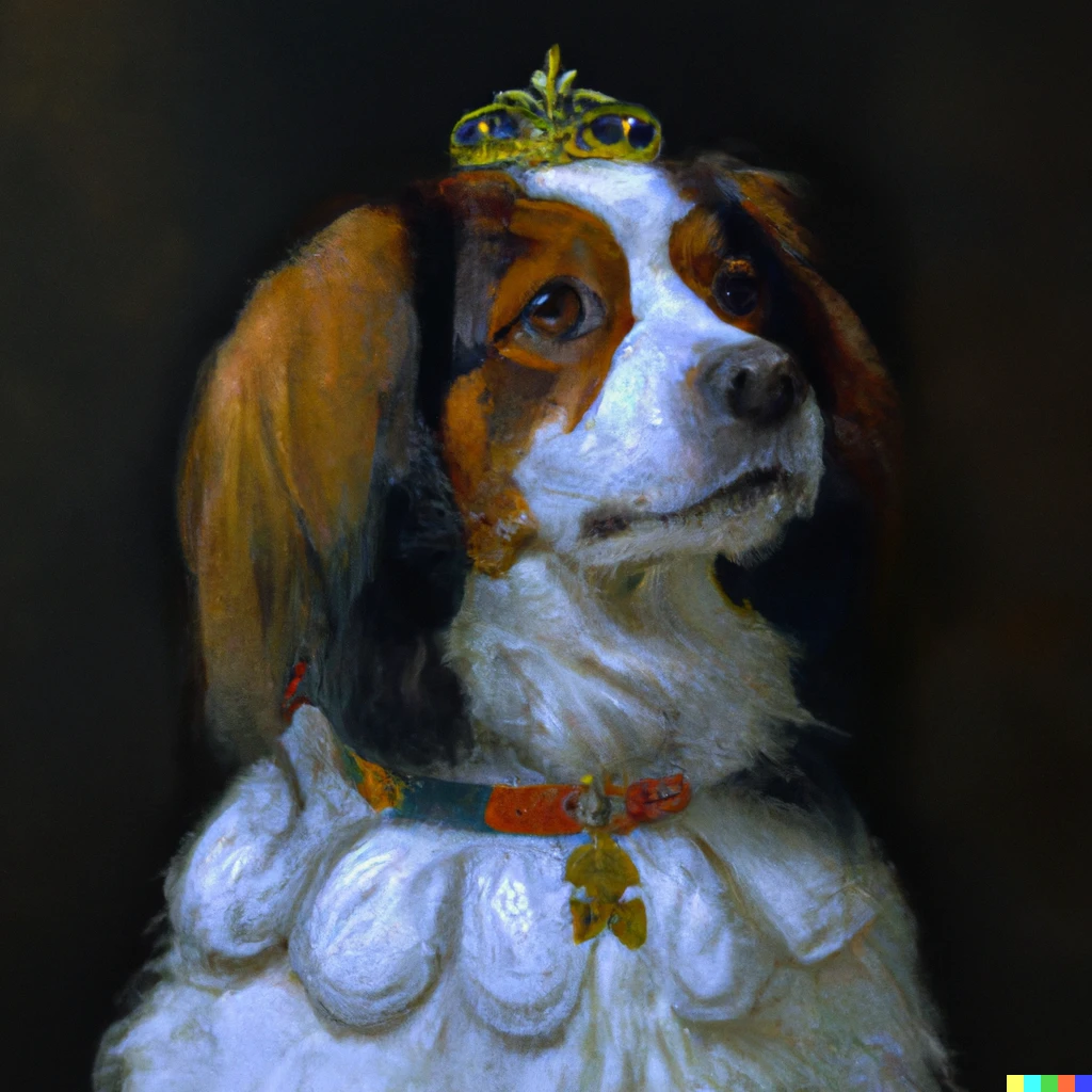 Prompt: an oil painting portrait of a kooikerhondje wearing medieval royal robes and an ornate crown on a dark background