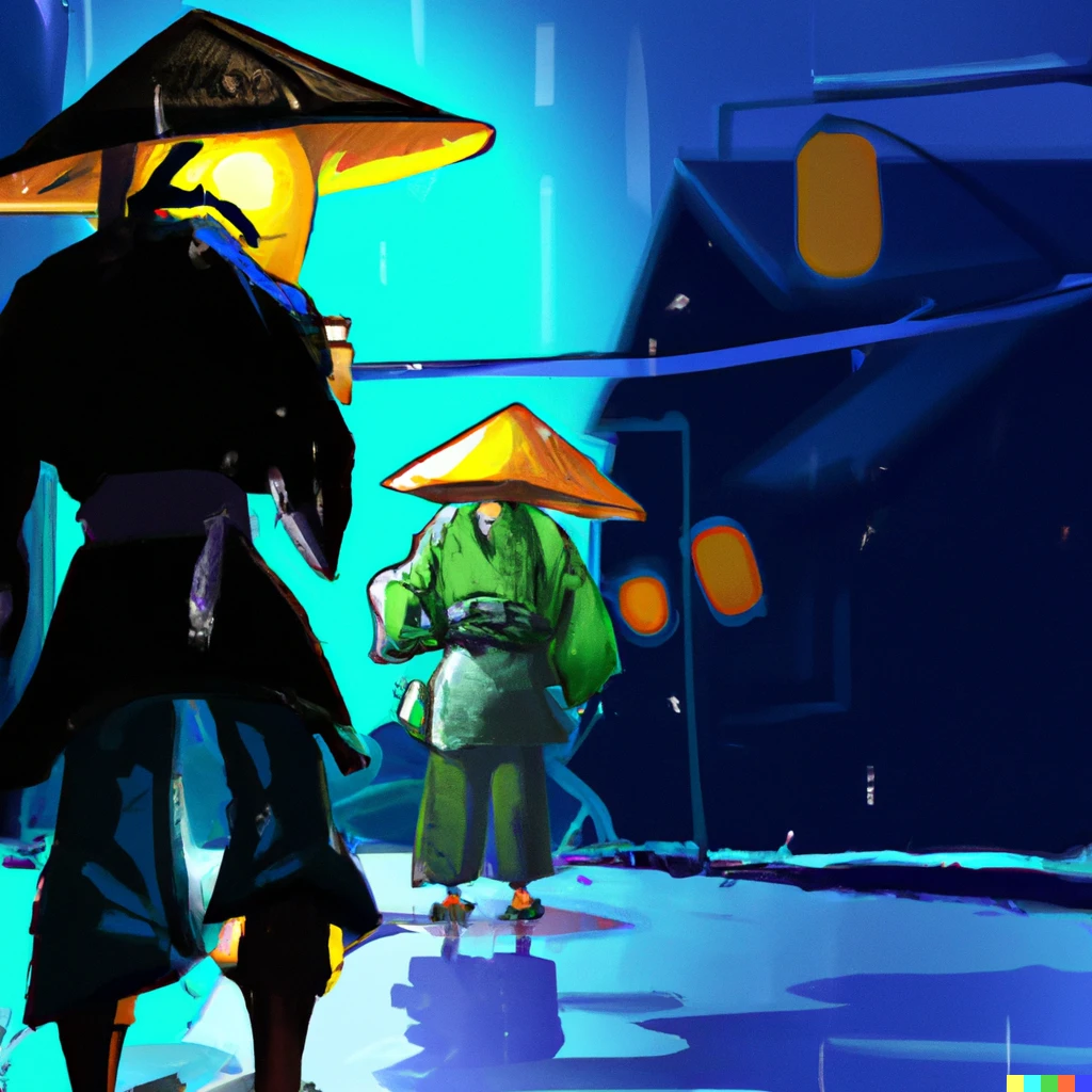 Prompt: ninja  who wear ten-gallon hat  and samurai walk in the rainy hell of cyberspace midnight by the street lamp.