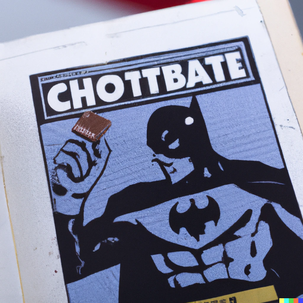 Prompt: A comic book with a super hero on it that fights crime a chocolate bar