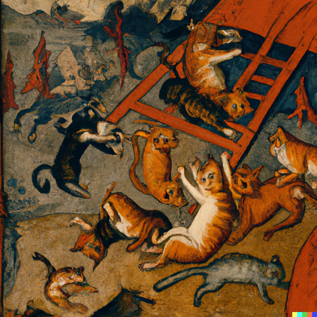 Prompt: "" The Fall of the Rebel Cats", by Pieter Bruegel