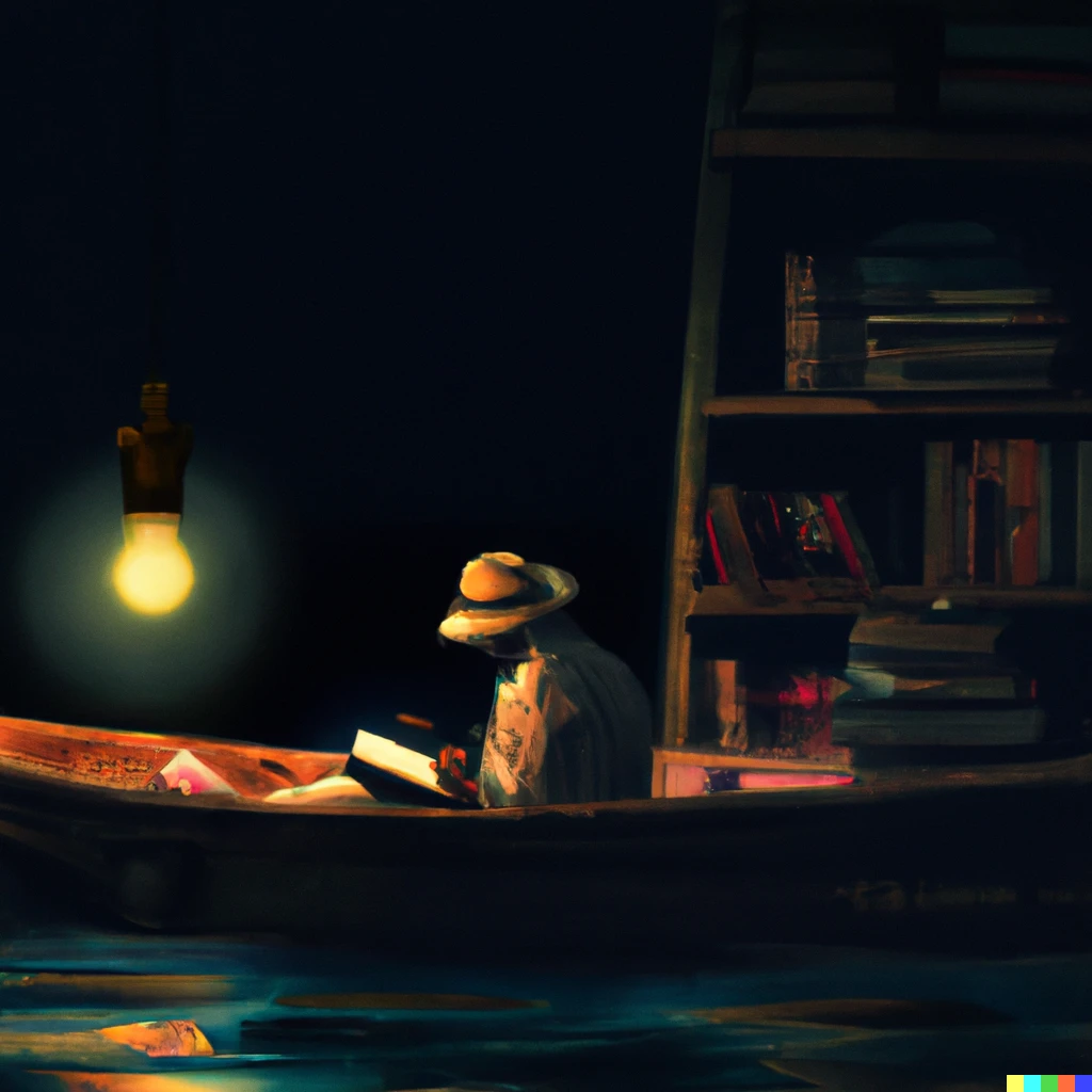 Prompt: a wooden boat drifting in steady ocean at night with a street lamb on it, and a man with straw hat reading book under its light in front a bookshelf full of books 