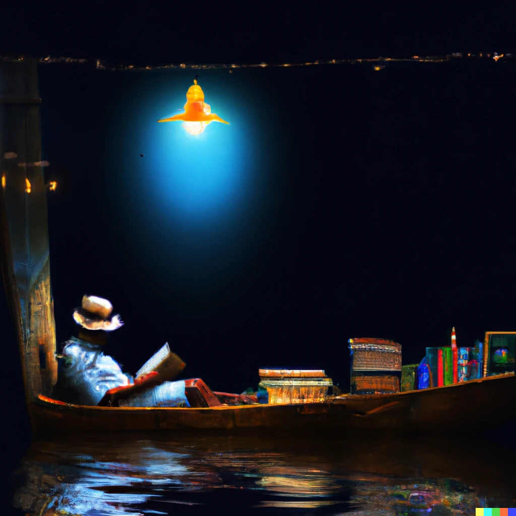 Prompt: a wooden boat drifting in steady ocean at night with a street lamppost on it, and a man with straw hat reading book under its light in front a bookshelf full of books 