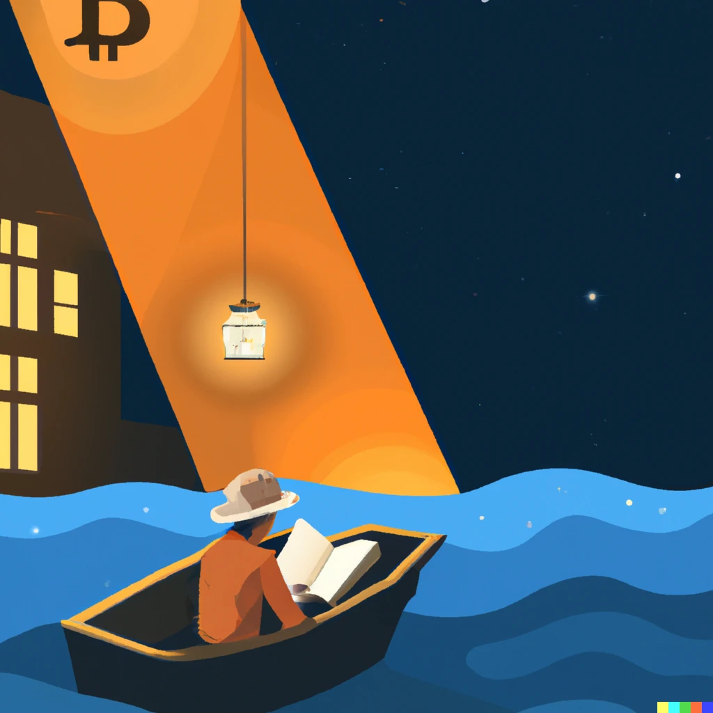 Prompt: a wooden boat drifting in steady ocean at night with a street lamppost on it, and a man with straw hat reading book under its light in front a 11 storey bookshelf full of books and a computer screen bitcoin chart on it story 