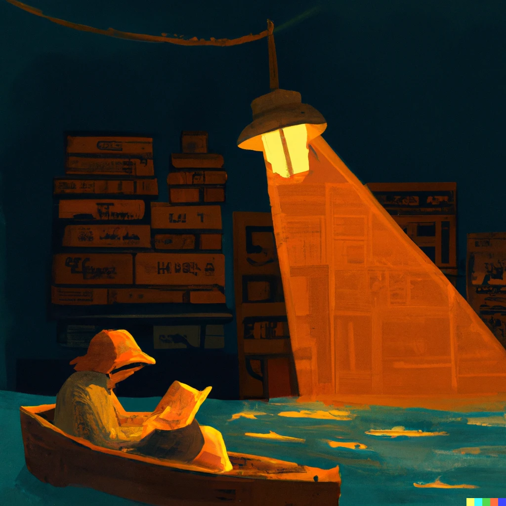 Prompt: a wooden boat drifting in steady ocean at night with a street lamppost on it, and a man with straw hat reading book under its light in front a 11 storey bookshelf full of books and a computer screen bitcoin chart on it story thestoicsnft 