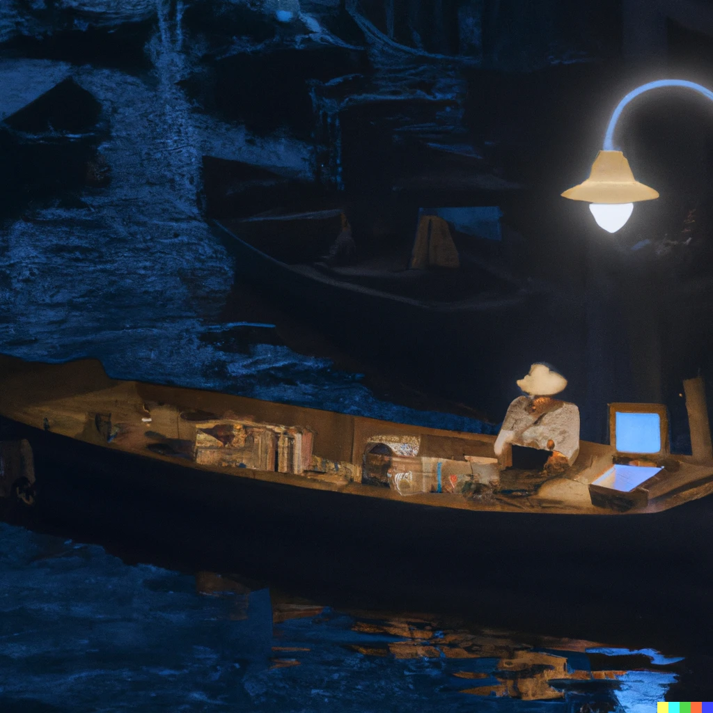 Prompt: a wooden boat drifting in steady ocean at night with a street lamppost on it, and a man with straw hat reading book under its light in front a 11 storey bookshelf full of books story