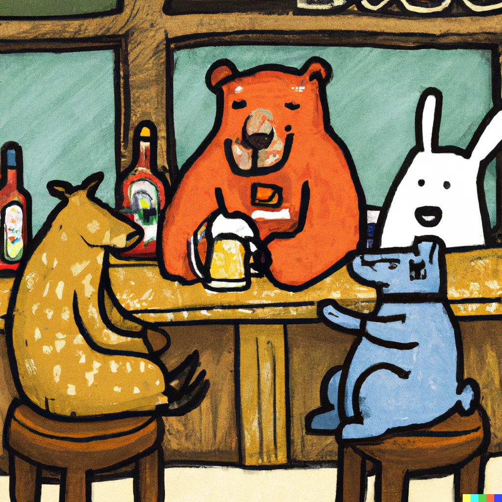 Prompt: A Bear sitting in a pub drinking beer with other buddy animals.