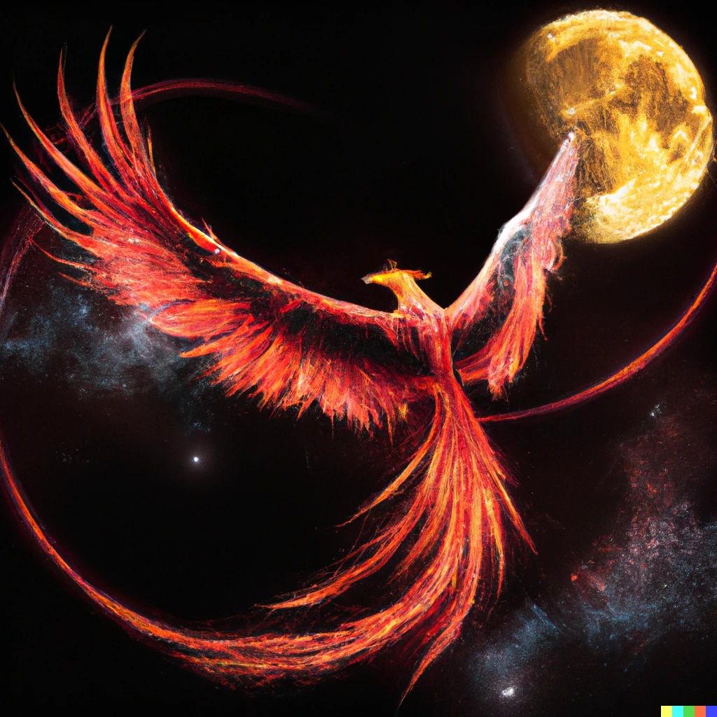 Prompt: The phoenix legendary bird flying majestically next to the moon