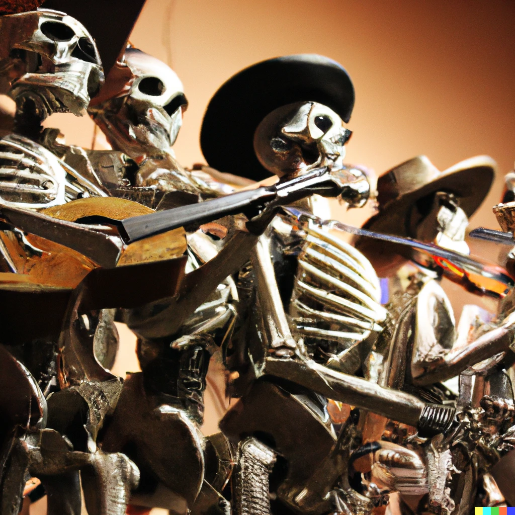 Prompt: A mariachi music band made of human skeletons
