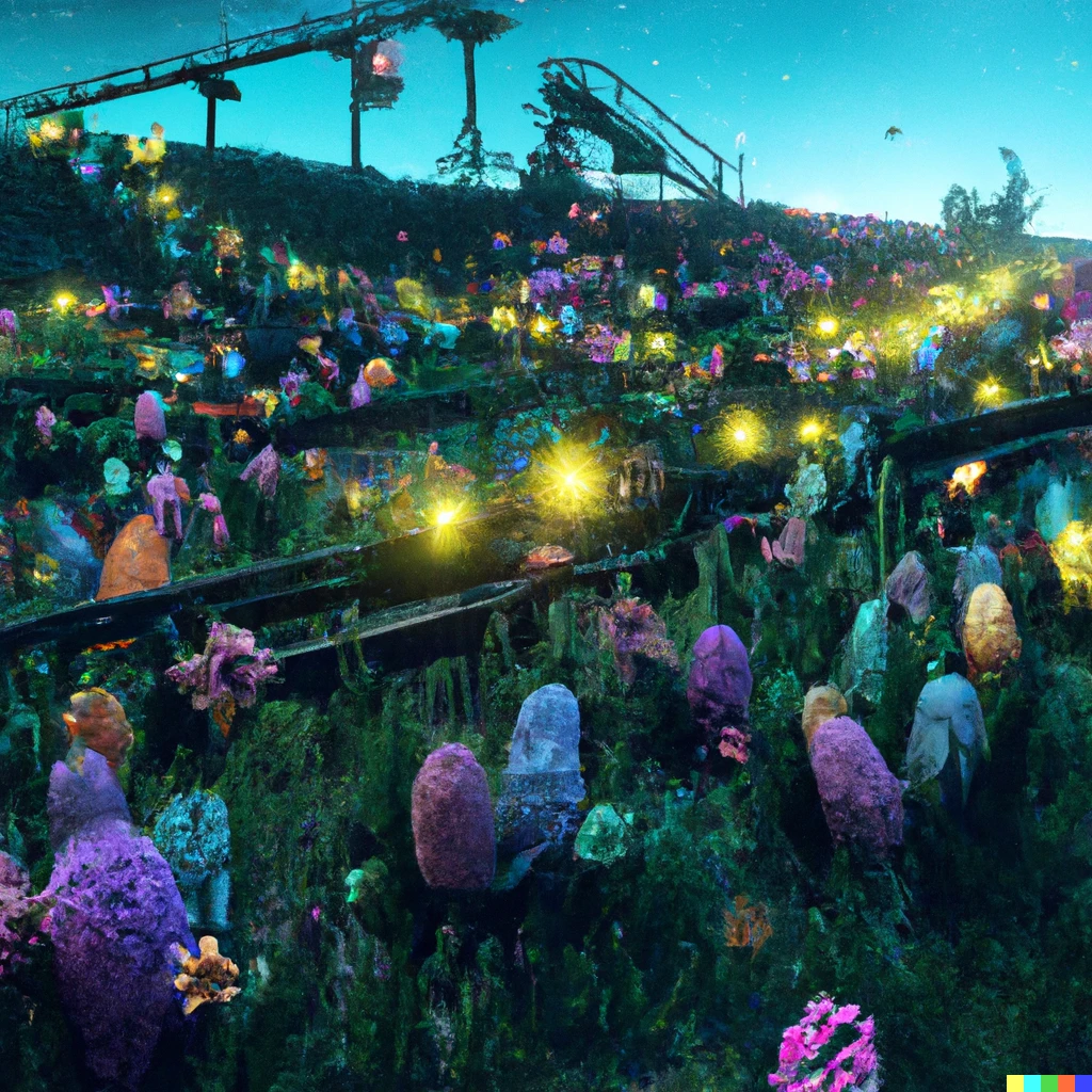 Prompt: a multi colored hyacinth garden on abandoned elevated train tracks Silent Hill industrial liminal space at night by Tyler Edlin, Gediminas Pranckevicius and Edward Gorey, vaporwave, volumetric, rustic, haunting atmosphere, cinematic, photorealistic, hyperdetailed 3D matte painting, hyperrealism, hyperrealistic, iridescent, Trending on artstation