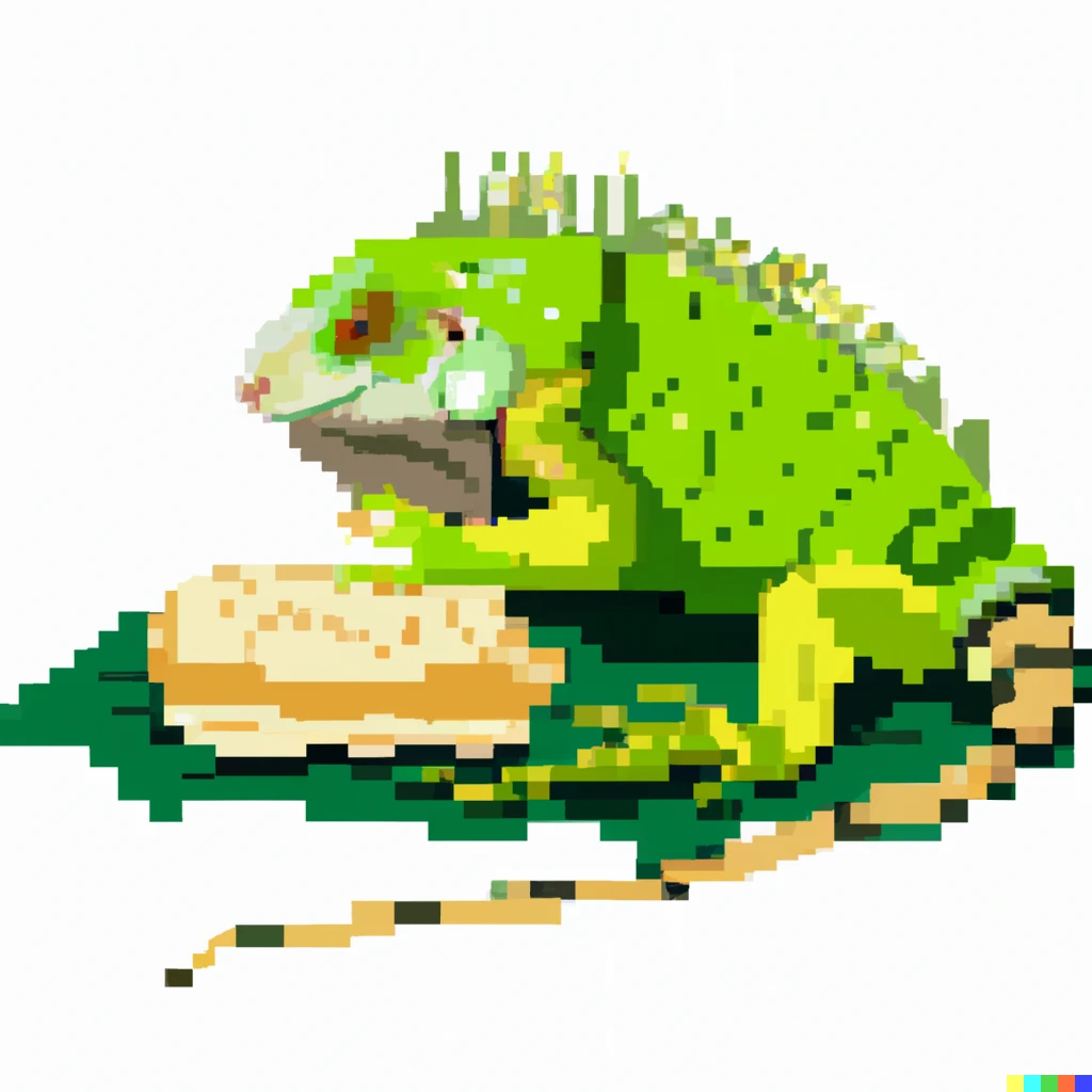 Prompt: iguana eating arepa in pixel art