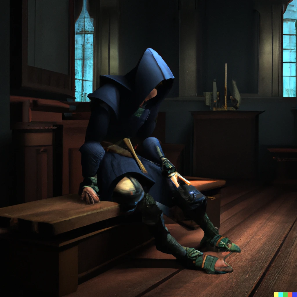 Prompt: A ninja sitting down on a church pew, digital art