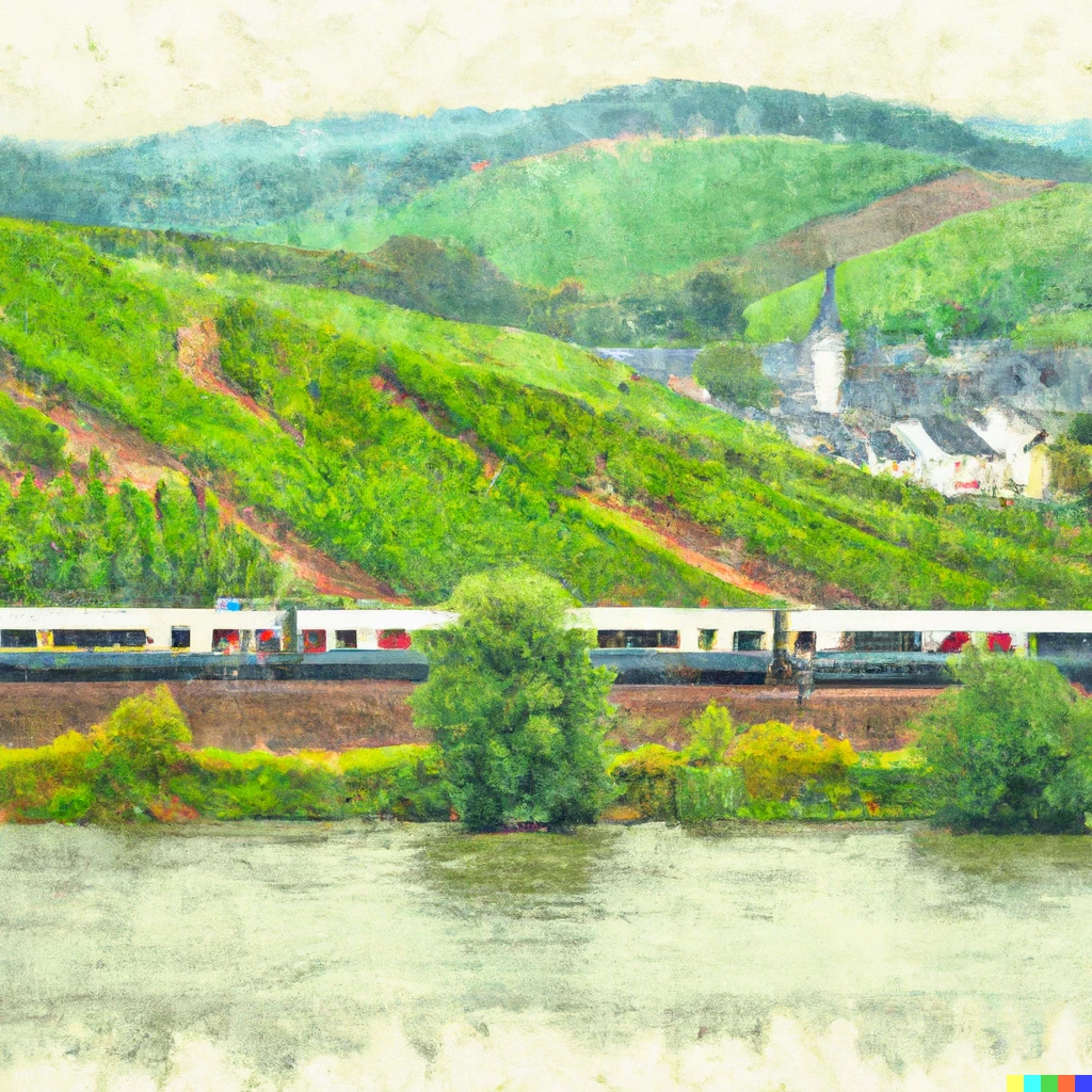 Prompt: German regional train along Rhine river with vineyards in the background watercolors