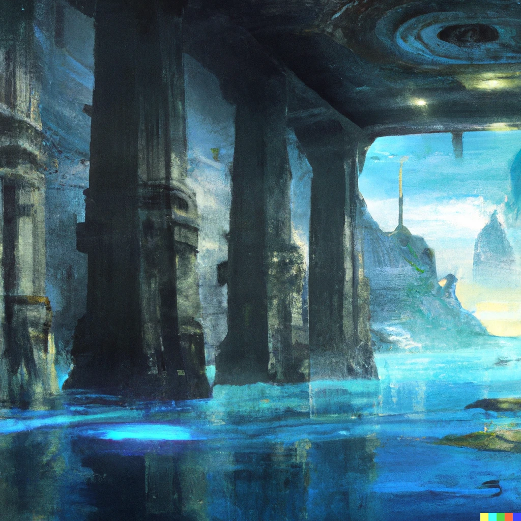 Prompt: vast fantasy landscape, the tunnels of worldly riches, towering grandiose architecture, water reflections, digital art