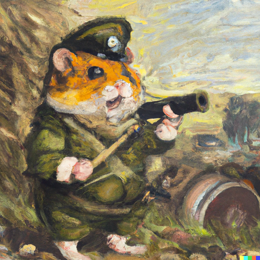 Prompt: an oil painting of a hamster in an army outfit with a gun storming the beaches of normandy on D-day 