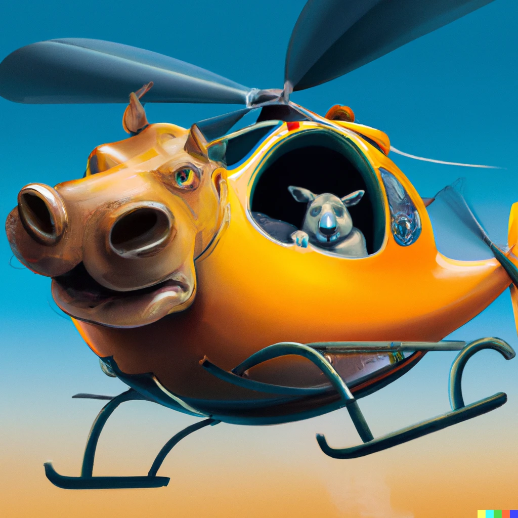 Prompt: Award winning digital art of a helicopter in the shape of a hippopotamus, flown by a kangaroo