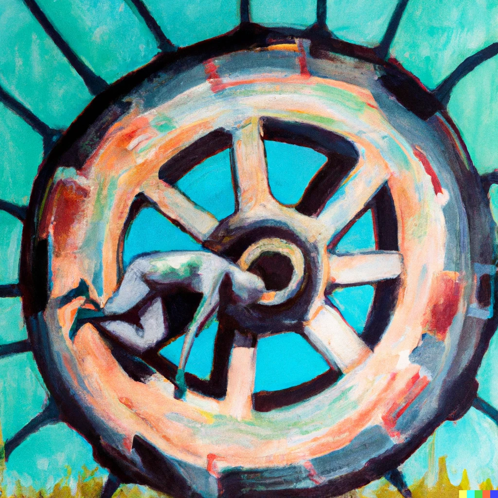 Prompt: A modern contemporary painting of an exhausted human running in a gerbil wheel.