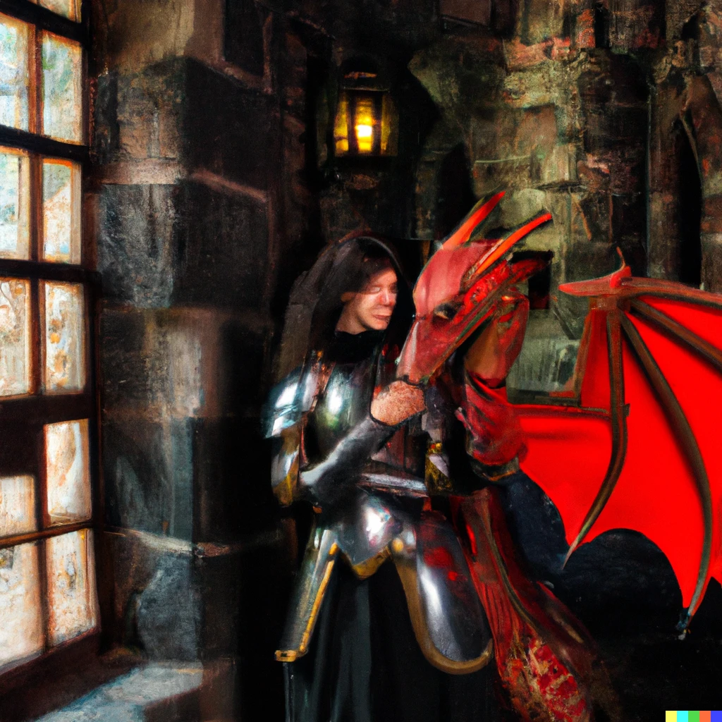 Prompt: medieval female knight in a castle with a red dragon