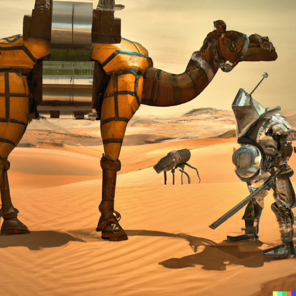 Prompt: Muslim samouraï with armor and weapons  in the desert with a robotic camel. Digital art. 