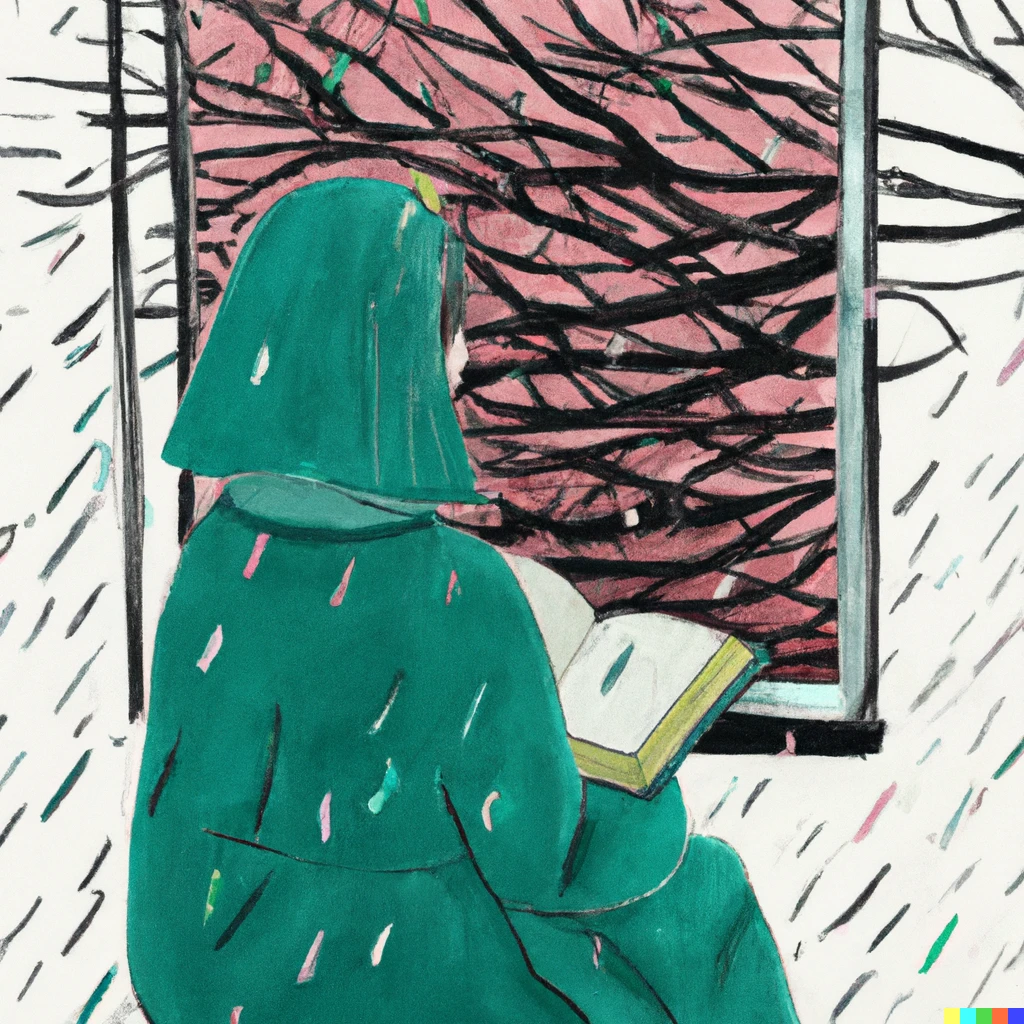 Prompt: a book lover in a rainy day
