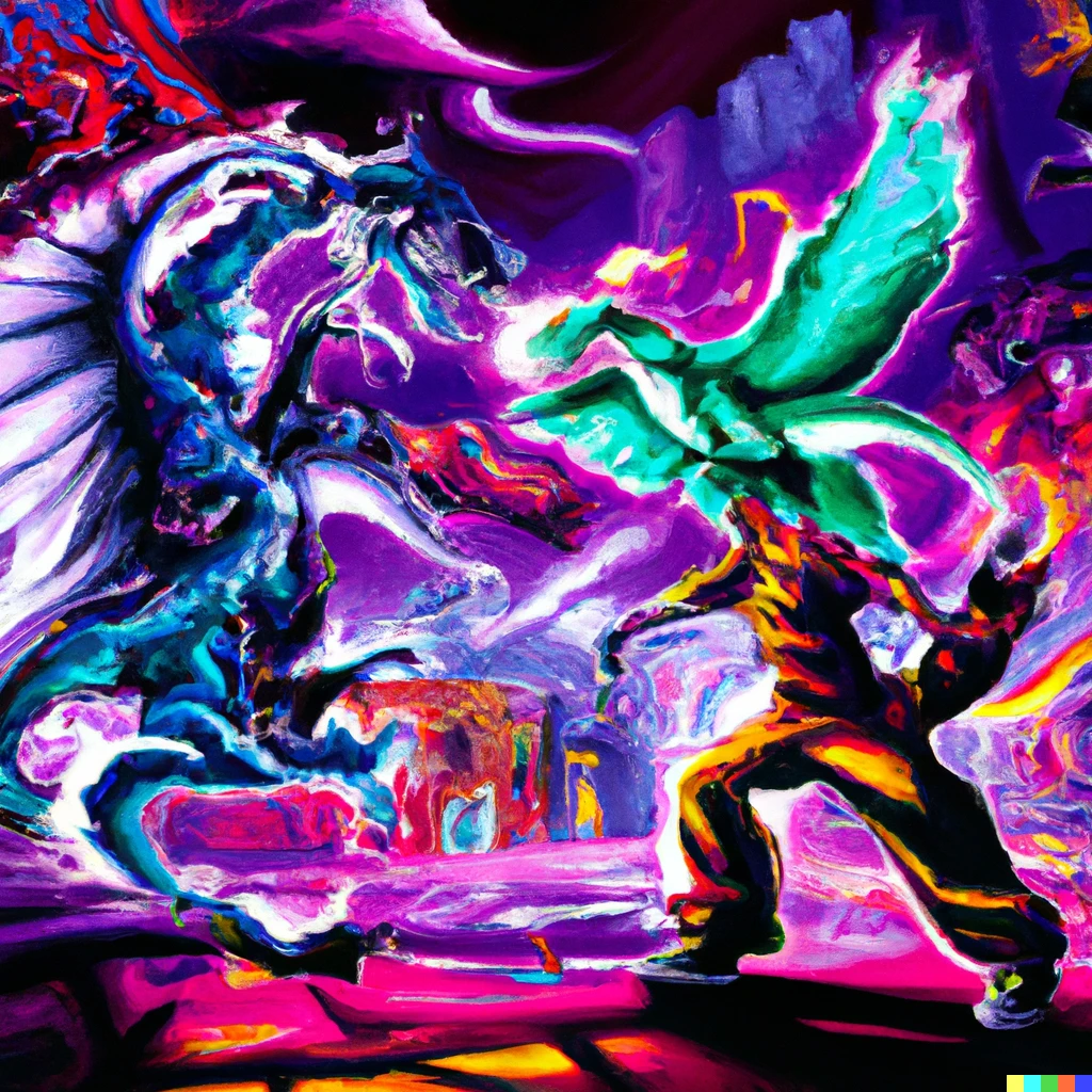 Prompt: A Hip Hop style graffiti painting of breakdancers in tracksuits dance battling on a cyber punk neon lit city street at night while a Phoenix and a Dragon battle above in a Vanilla sky. 809