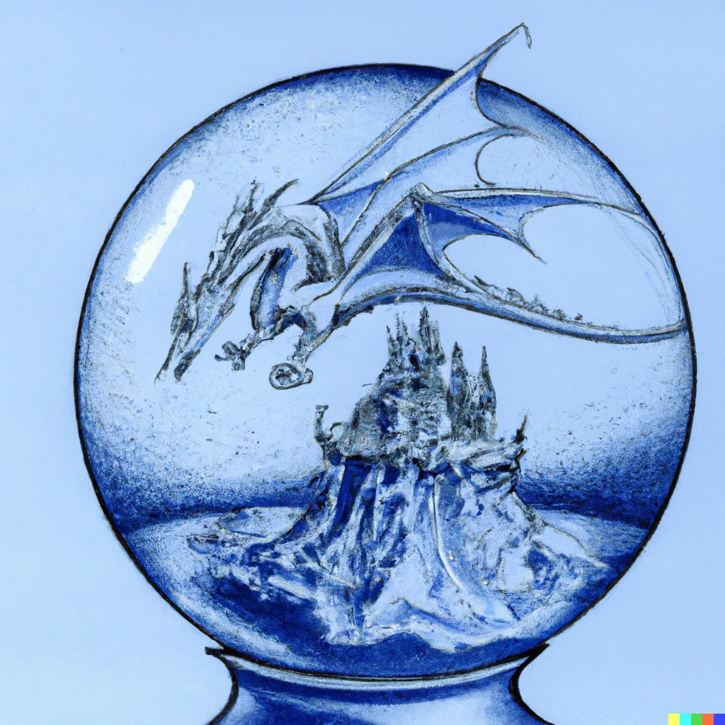 Prompt: A stippling image of a white dragon with diamond skin, flying in a snow globe breathing blue fire onto a Platinum castle ontop of a cliff overlooking an ocean of ice