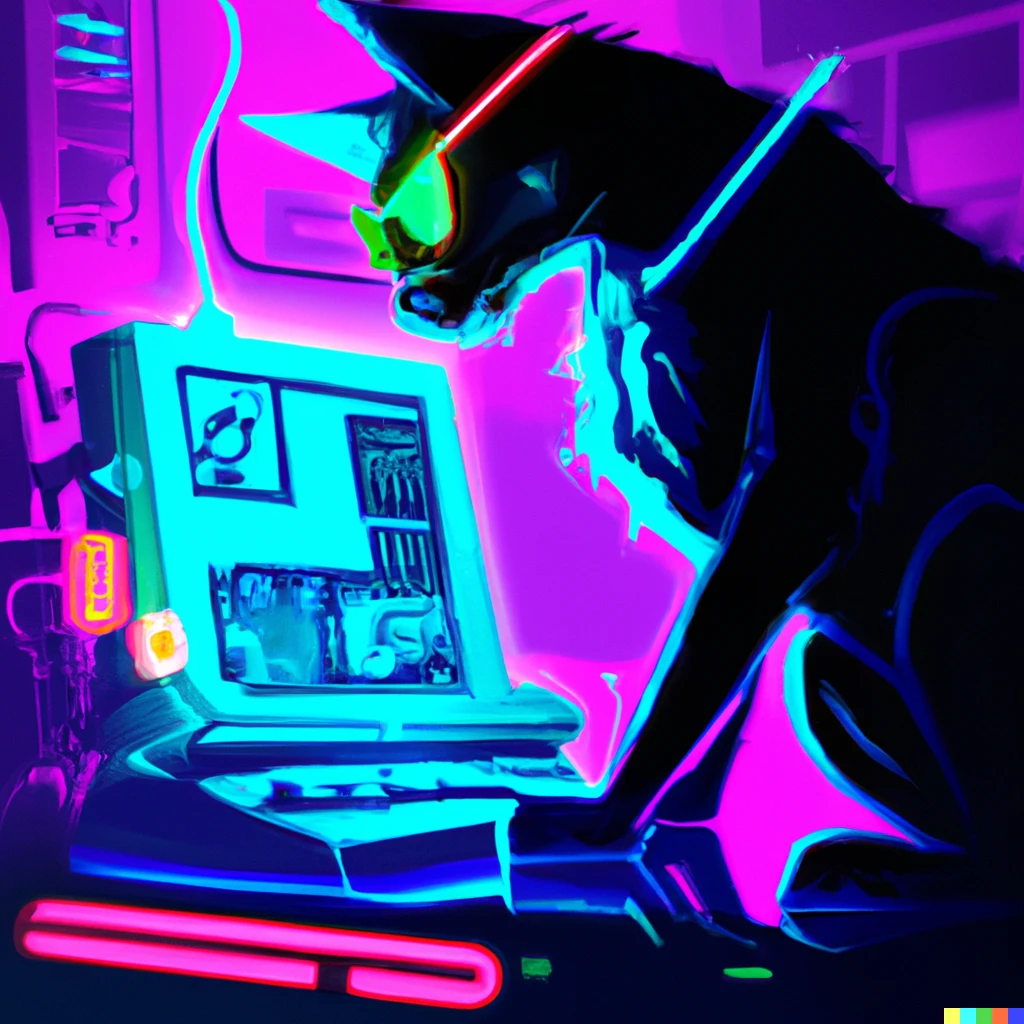 Prompt: arte digital de un gato cyberpunk programando