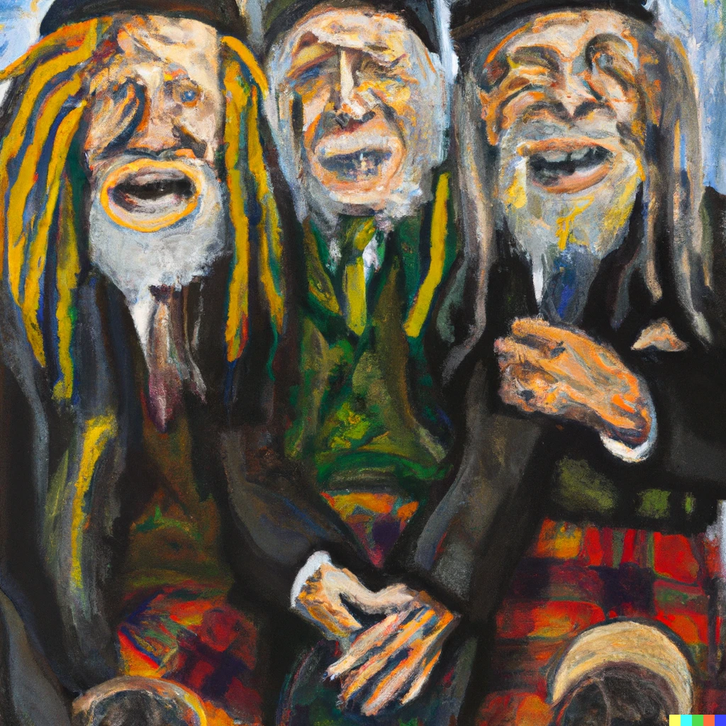 Prompt: A painting of three friendly old Rastafarian men in kilts by Edvard Munch 