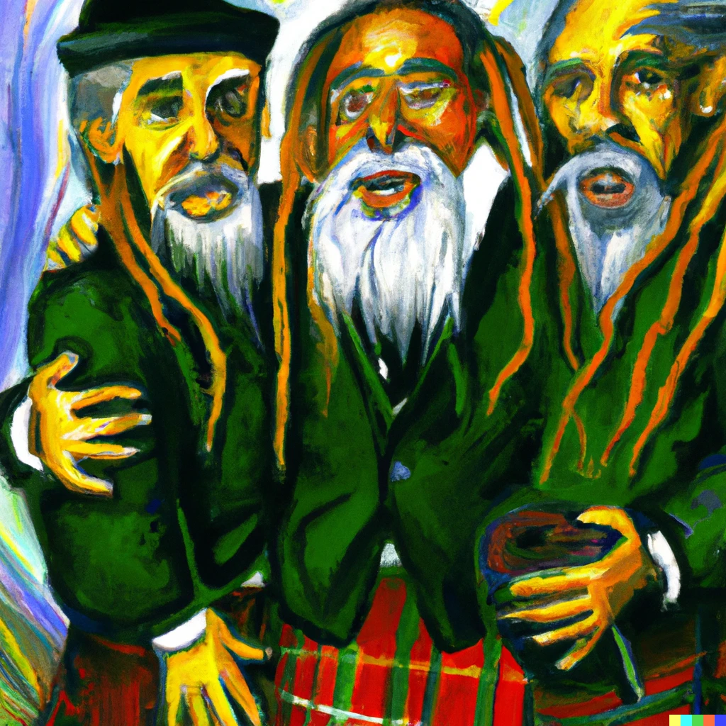 Prompt: A painting of three friendly old Rastafarian men in kilts by Edvard Munch 