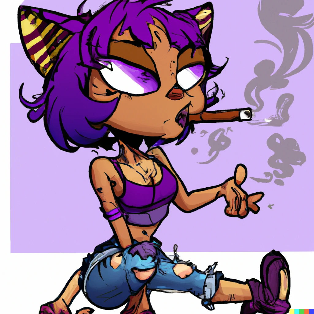 Prompt: cartoon art, short purple catgirl with combat boots and pony tail, smoking a cigar