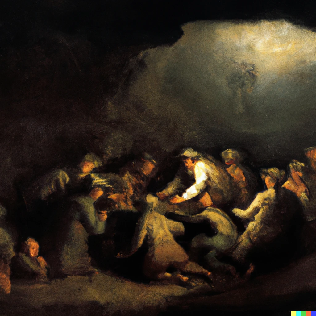 Prompt: a bottomless pit, with people reaching in vain for something to eat, painting by Rembrandt