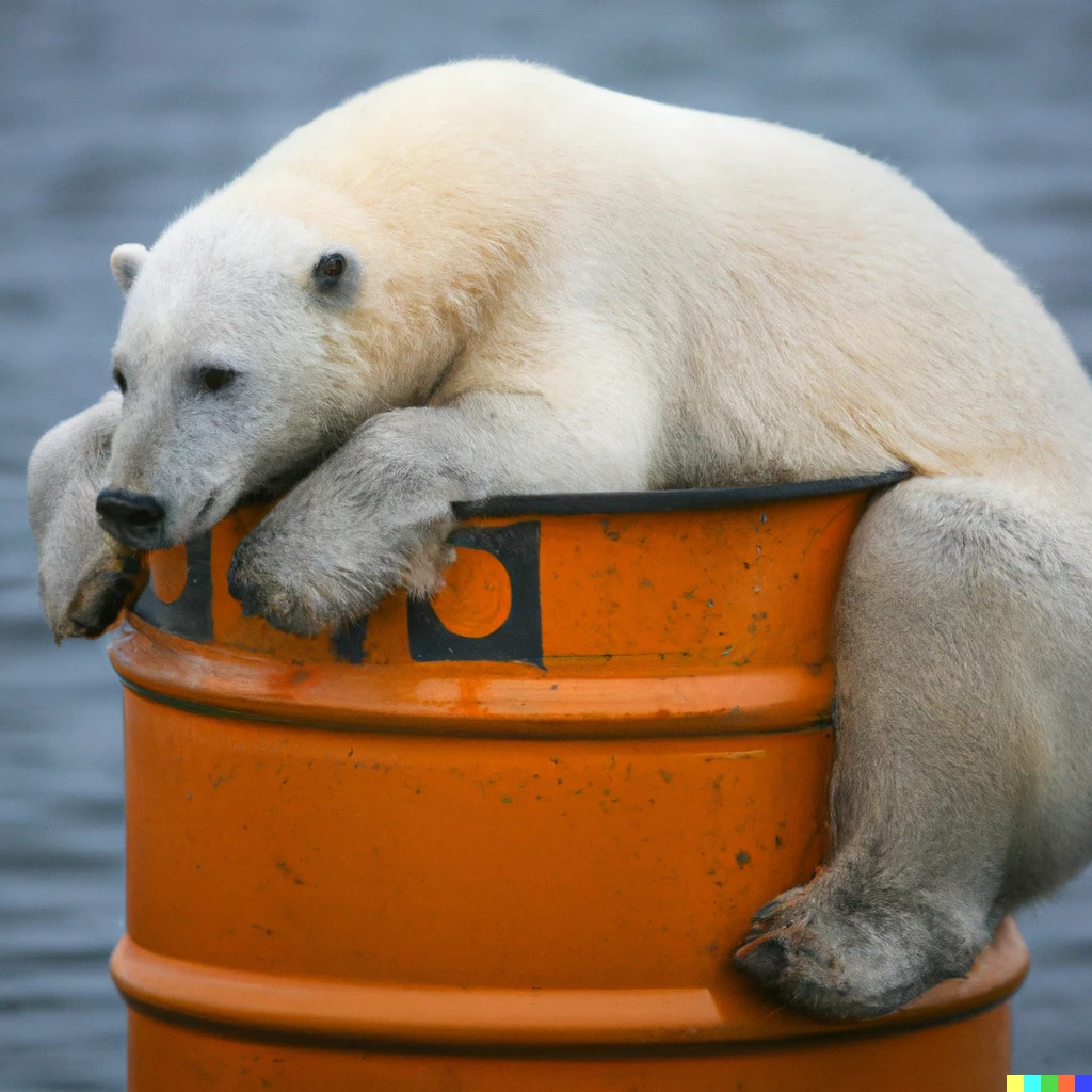 Prompt: A sad polar bear clinging to a floating oil barrel. Photograph by National Geographic