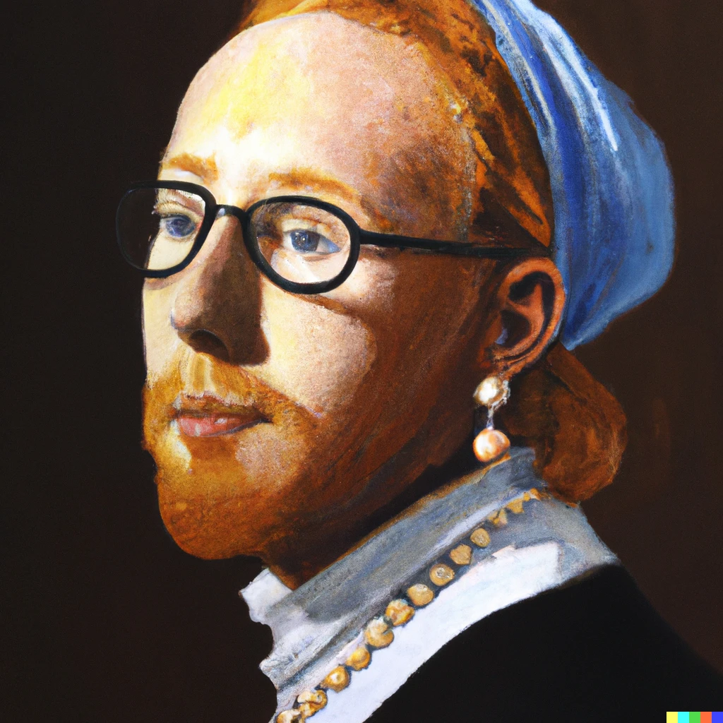 Prompt: Redhead man with stubble, glasses and with a Pearl Earring,
Painting by Johannes Vermeer