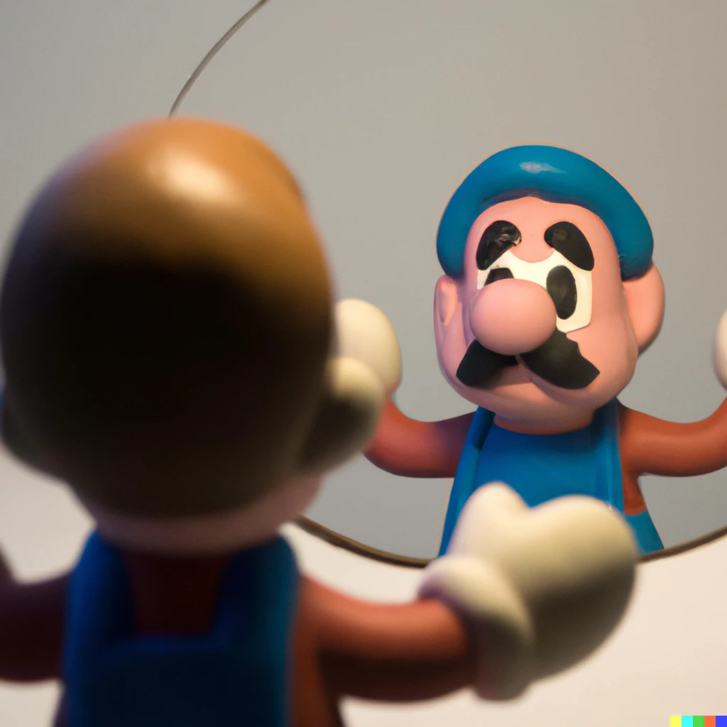 Prompt: a clay model mario looking in the mirror
