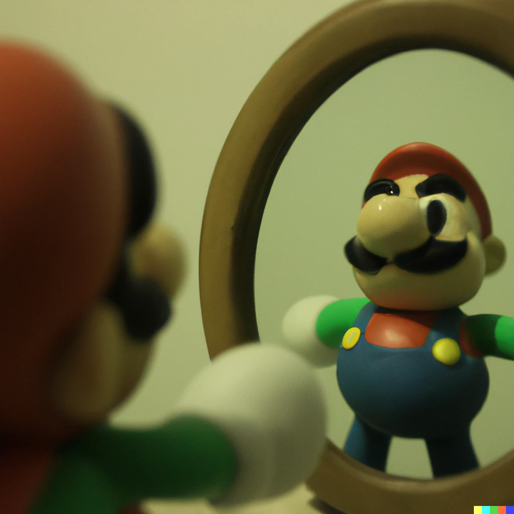 Prompt: a clay mario looking in the mirror
