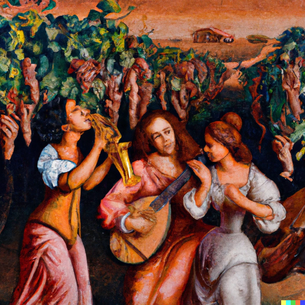 Prompt: A renaissance painting of three jazz musicians playing in a vineyard