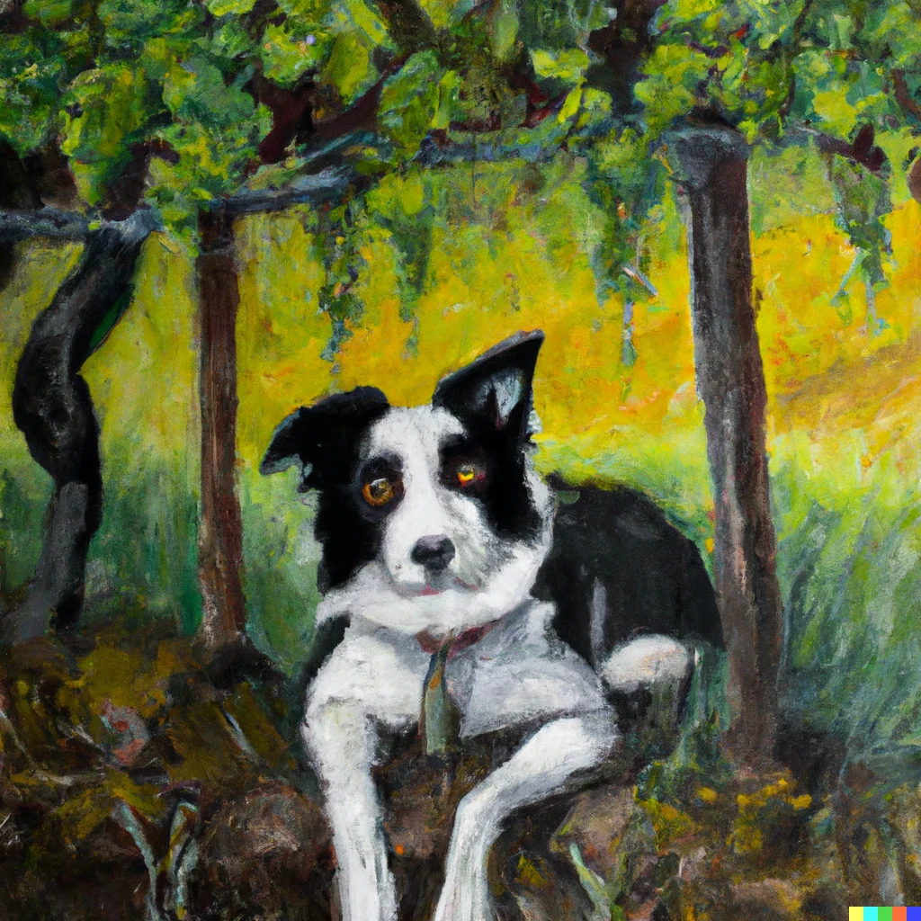 Prompt: Oil painting of border collie in a vineyard