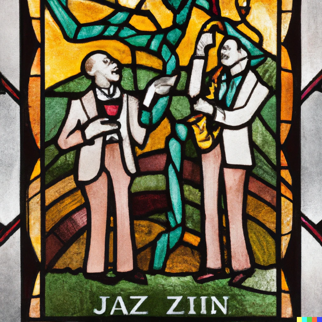 Prompt: Medieval stained glass window showing jazz trio in vineyard