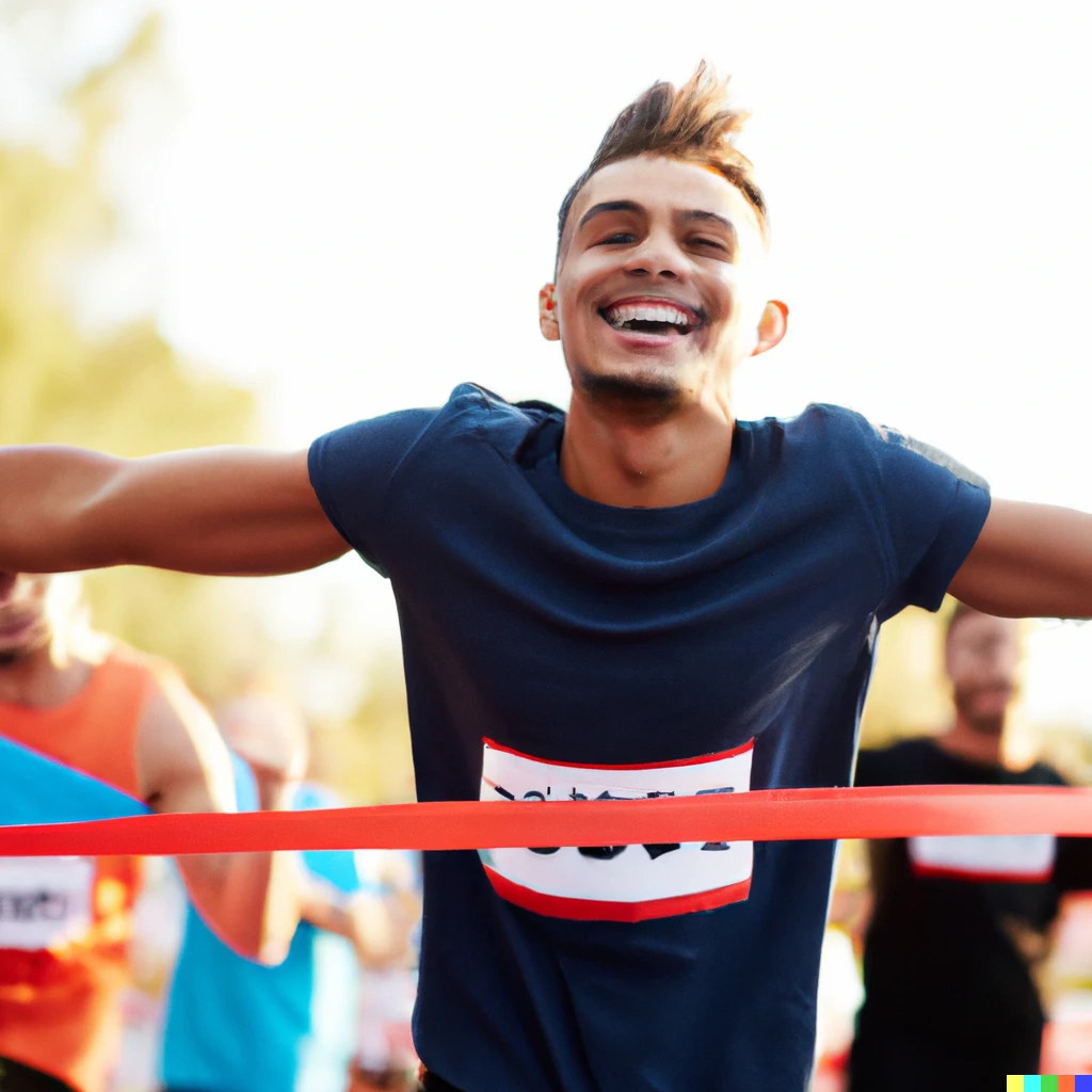 Prompt: Happy person winning a marathon 