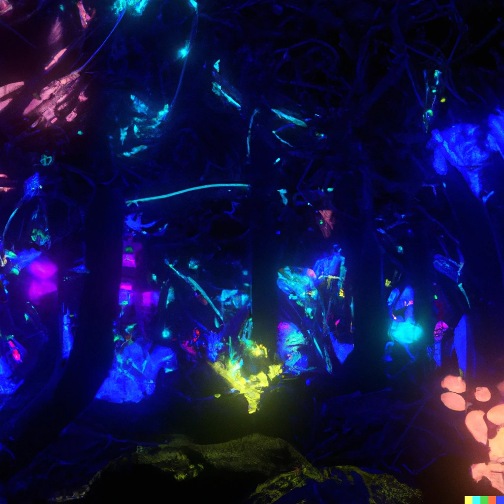 Prompt: dark 3d forest with thousands of strange alien creatures glowing bright colors
