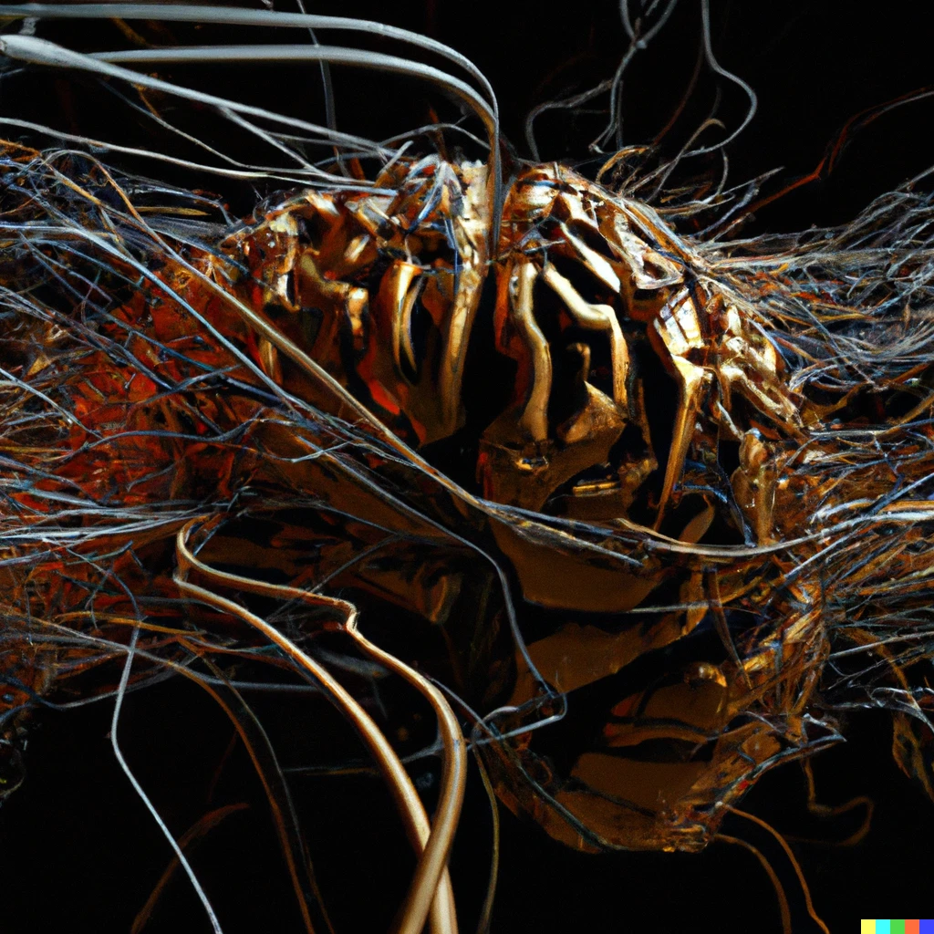 Prompt: 3d photorealistic brain millions of wires.  Lightning everywhere