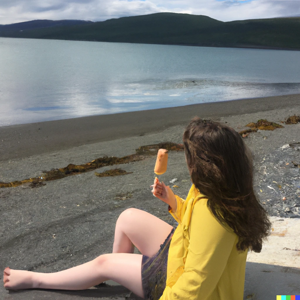 Prompt: Girl chilling on the beach in Deer Lake Newfoundland eating Ice Cream