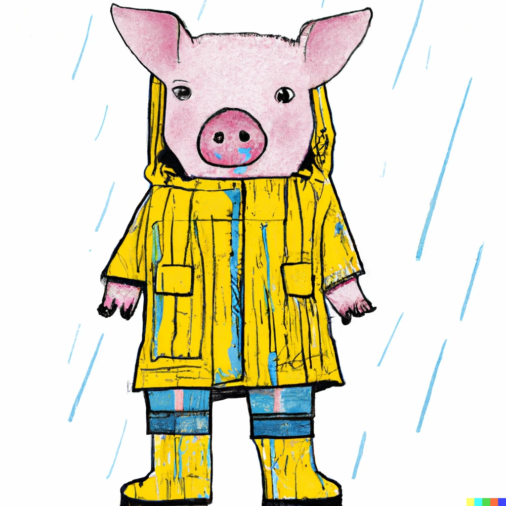 Prompt: piglet wearing a raincoat and rain boots the the style of basquiat