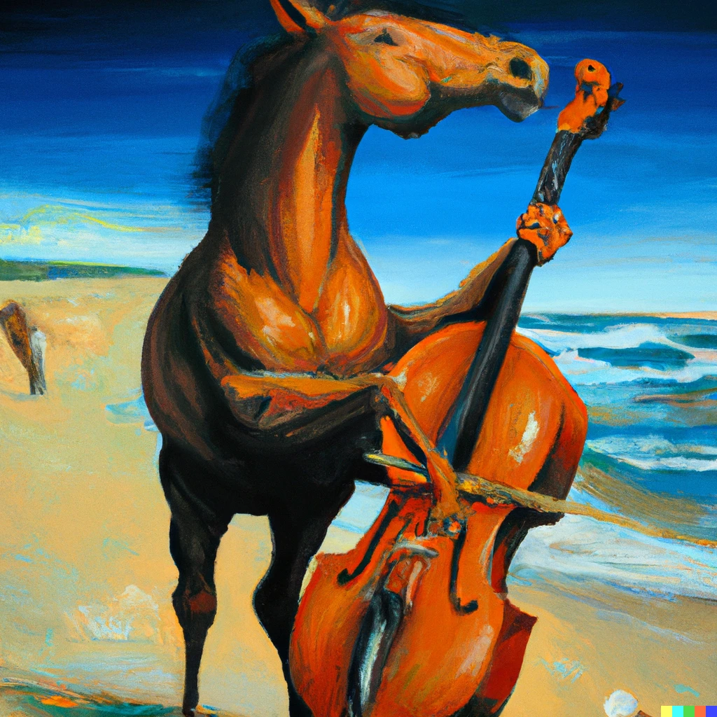 Prompt: an oil painting of a horse playing a cello on the beach