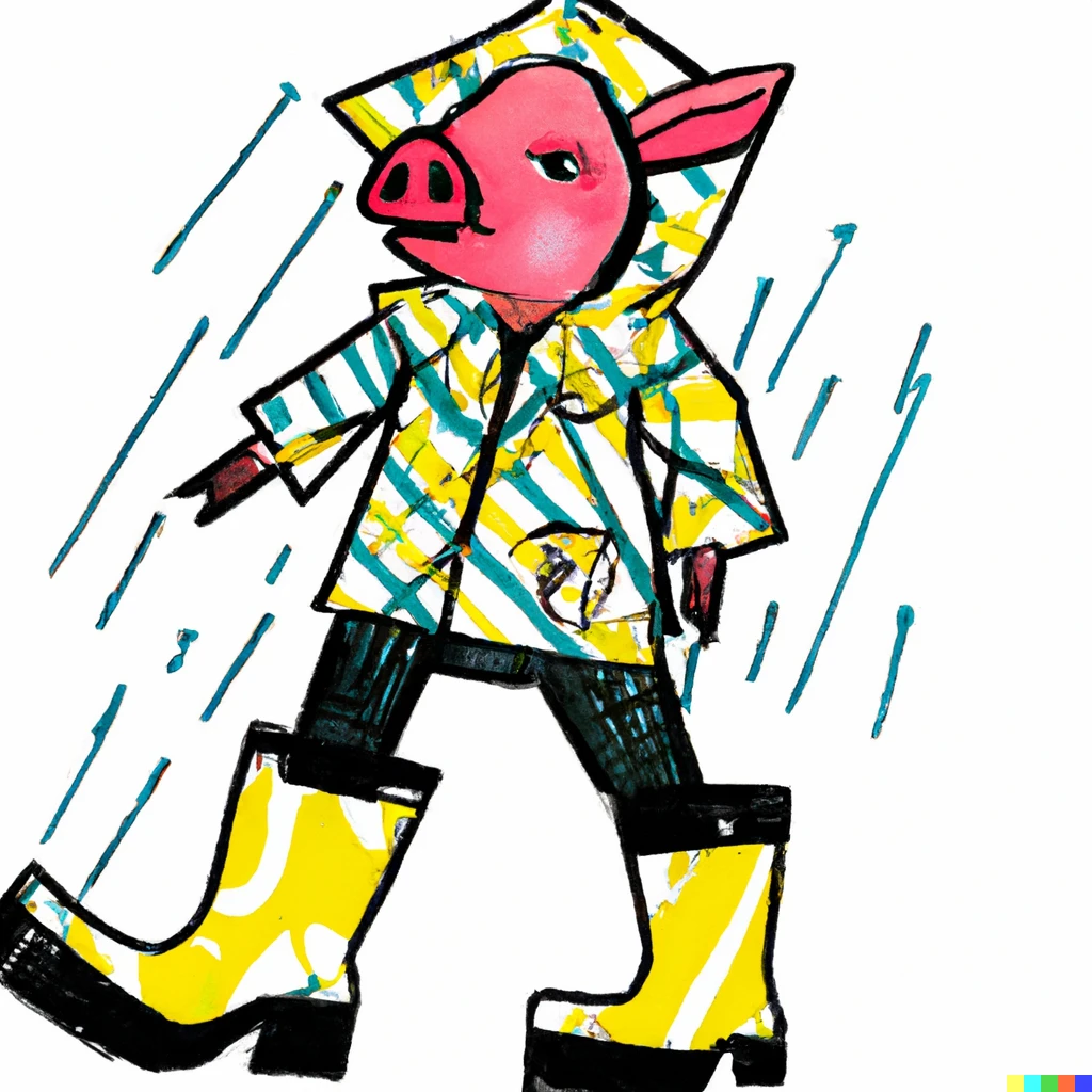 Prompt: piglet wearing a raincoat and rain boots in the style of basquiat