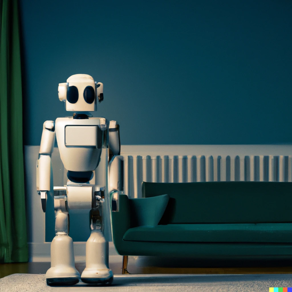 Prompt: Ominous Futuristic robot standing in a mid-century style living room 