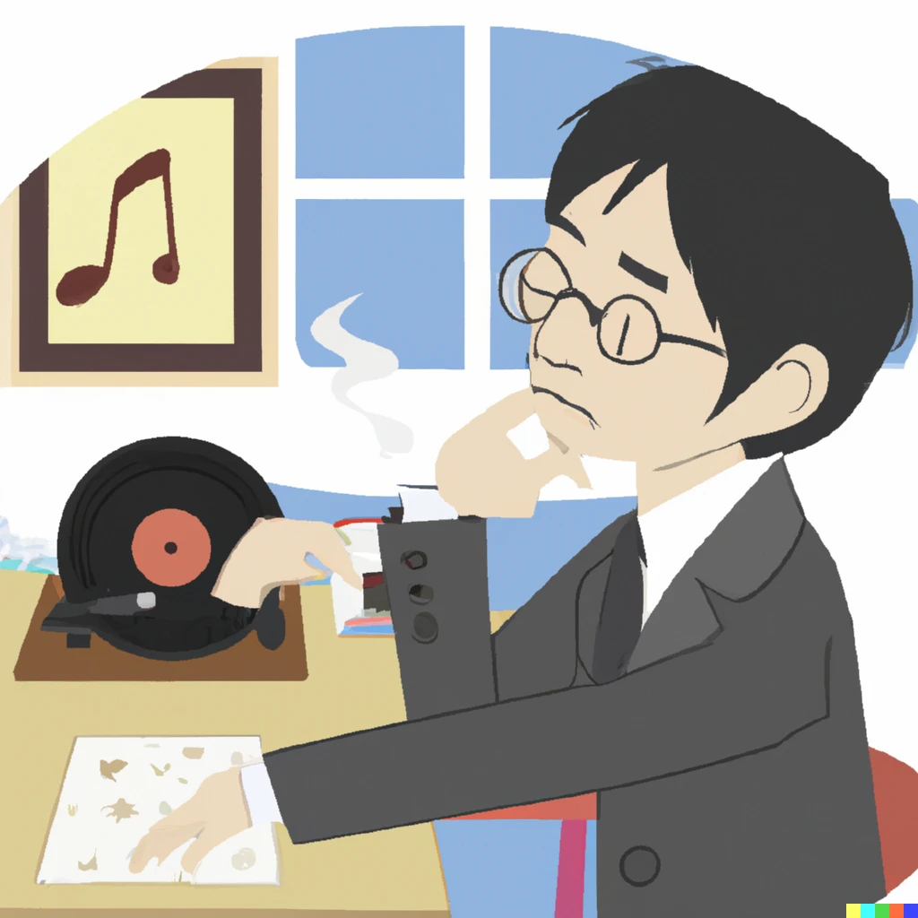 Prompt: Ghibli animation of a male professor listening to a vinyl record in his office 