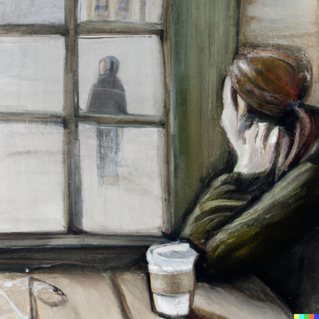 Prompt: Andrew Wyeth-style painting of a woman wearing earbuds looking forlorn out the window of a Starbucks in an empty city. A coffee cup rests close to her. 
