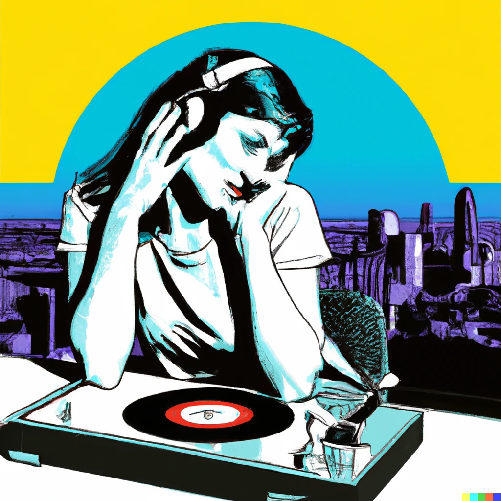 Prompt: Pop art image of a woman wearing headphones listening to vinyl record on a turntable in a mid-century office overlooking a large city
