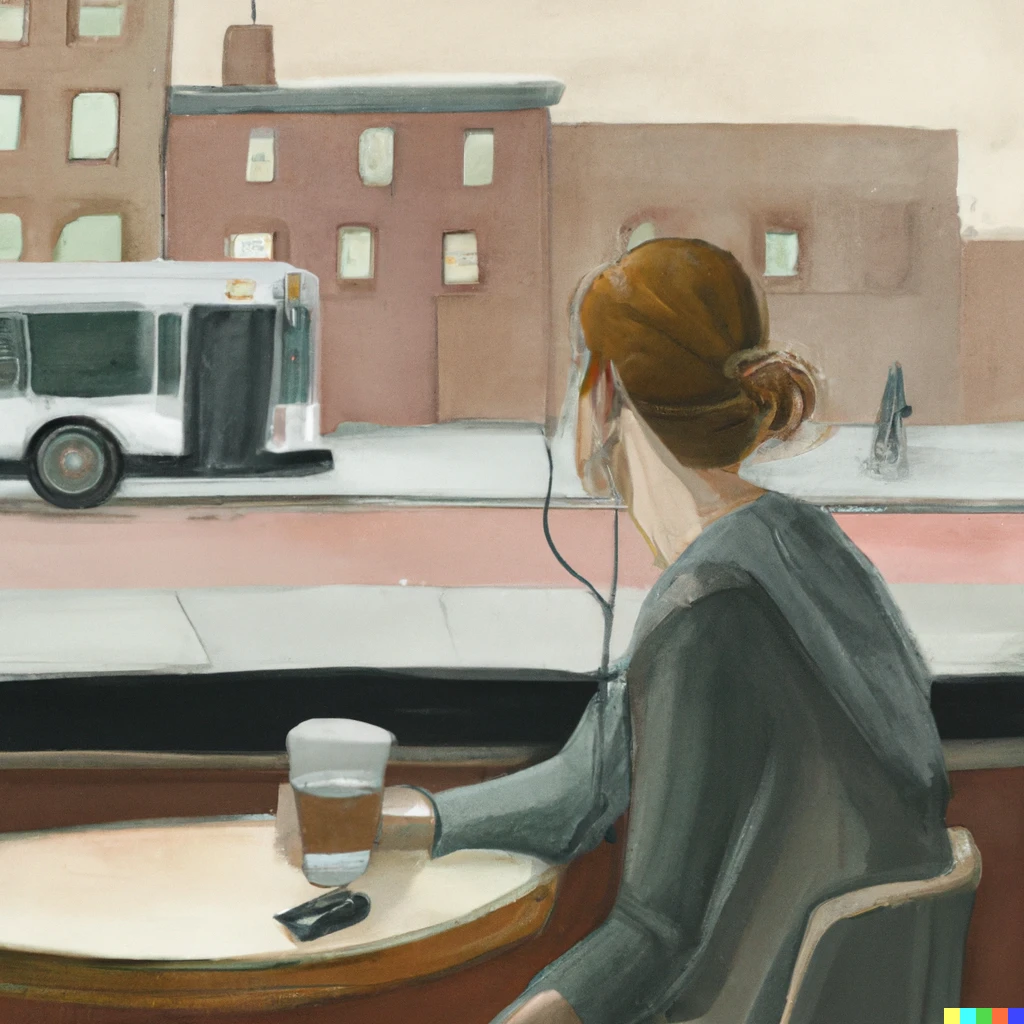 Prompt: Andrew Wyeth-style painting of a woman wearing earbuds looking forlorn out the window of a Starbucks in an empty city. A coffee cup rests close to her. 
